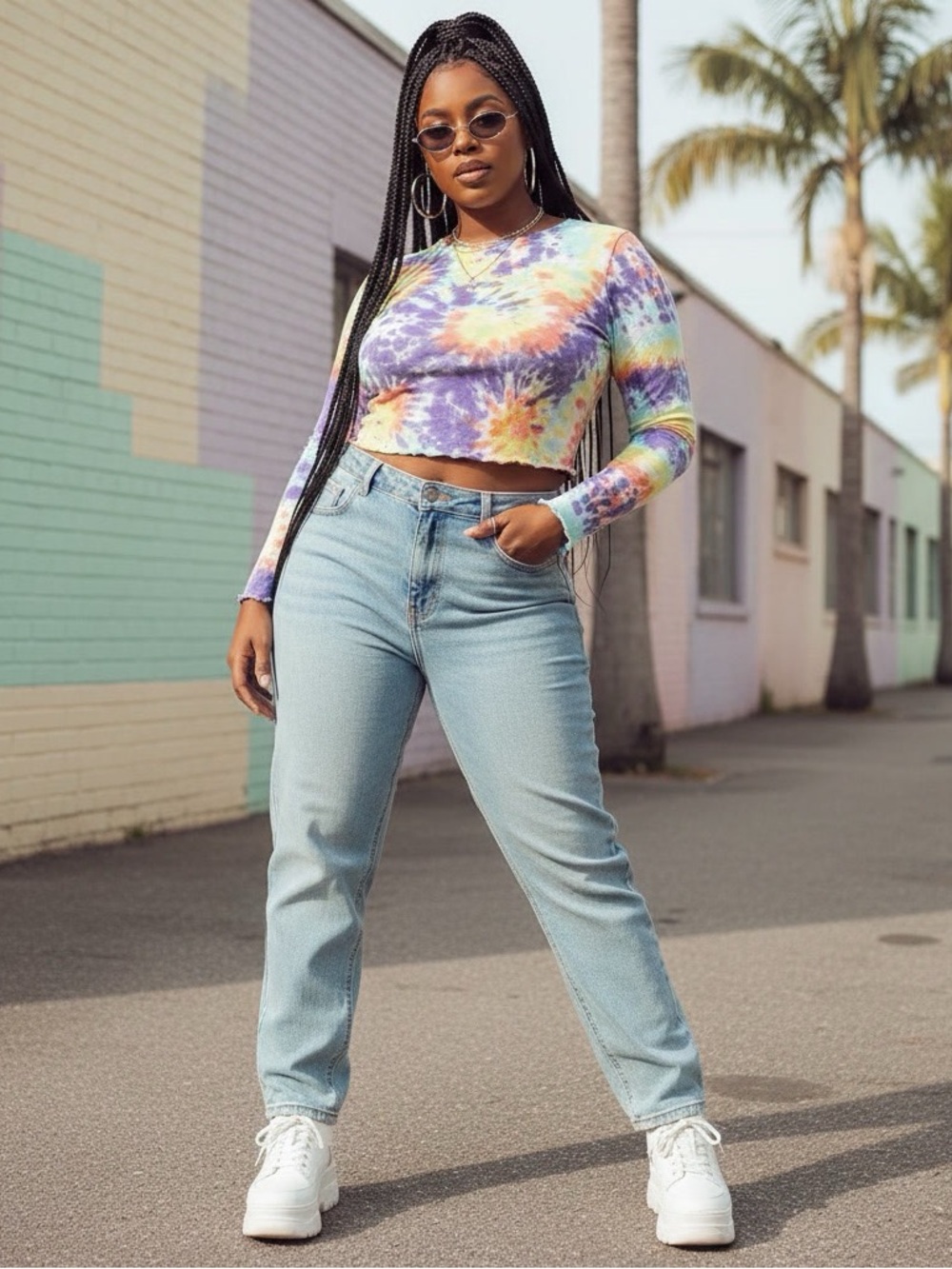 Eye Candy Multicolor Spiral Tie Dye Long Sleeve Crop Shirt NWT Large